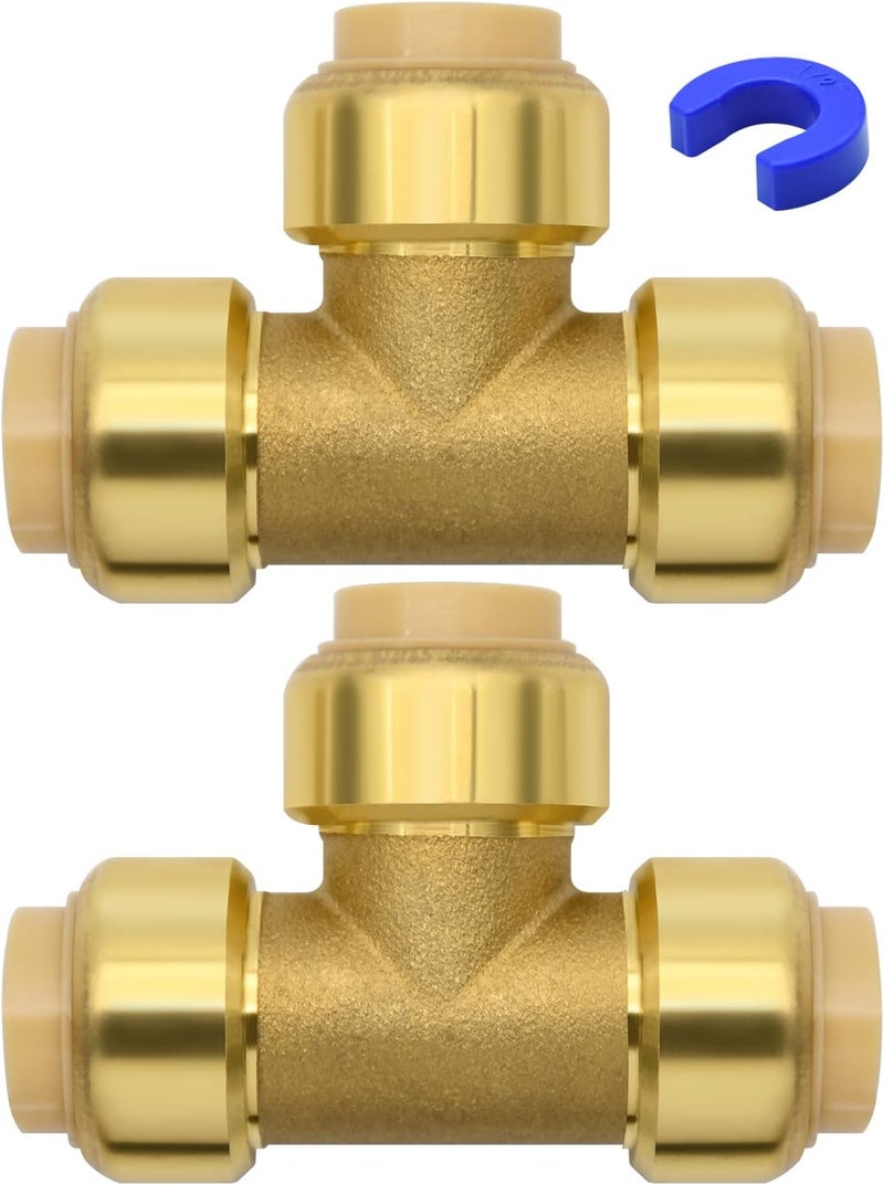 Ruby Q 2 Pack Push-to-Connect Plumbing Fittings, 1/2" Pushfit Tee Fittings with Disconnect Clip for Copper, PEX, CPVC Pipe - Image 1